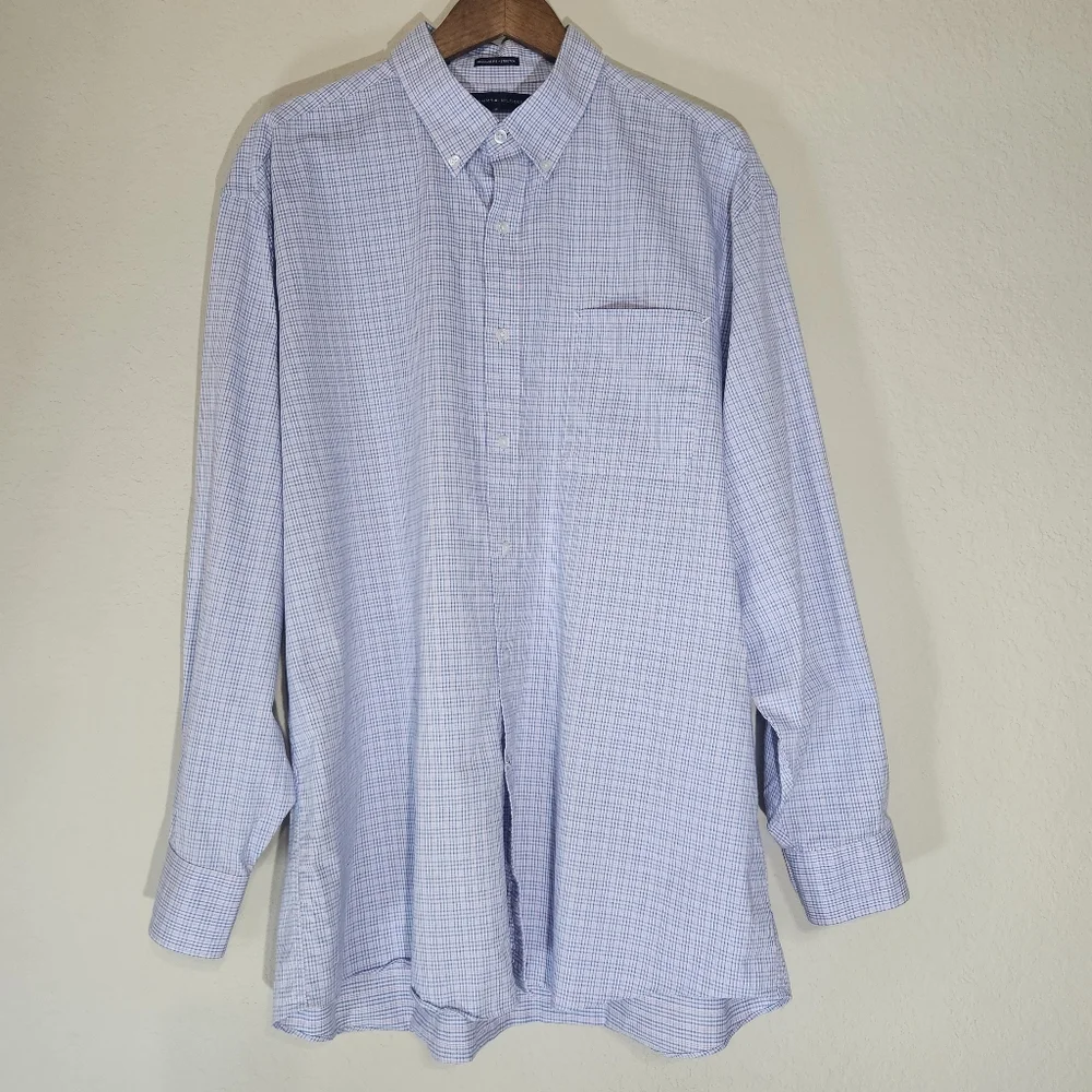 Tommy Hilfiger Dress Shirt Mens XL Pink Blue Regular‎ Fit Stretch Office Career